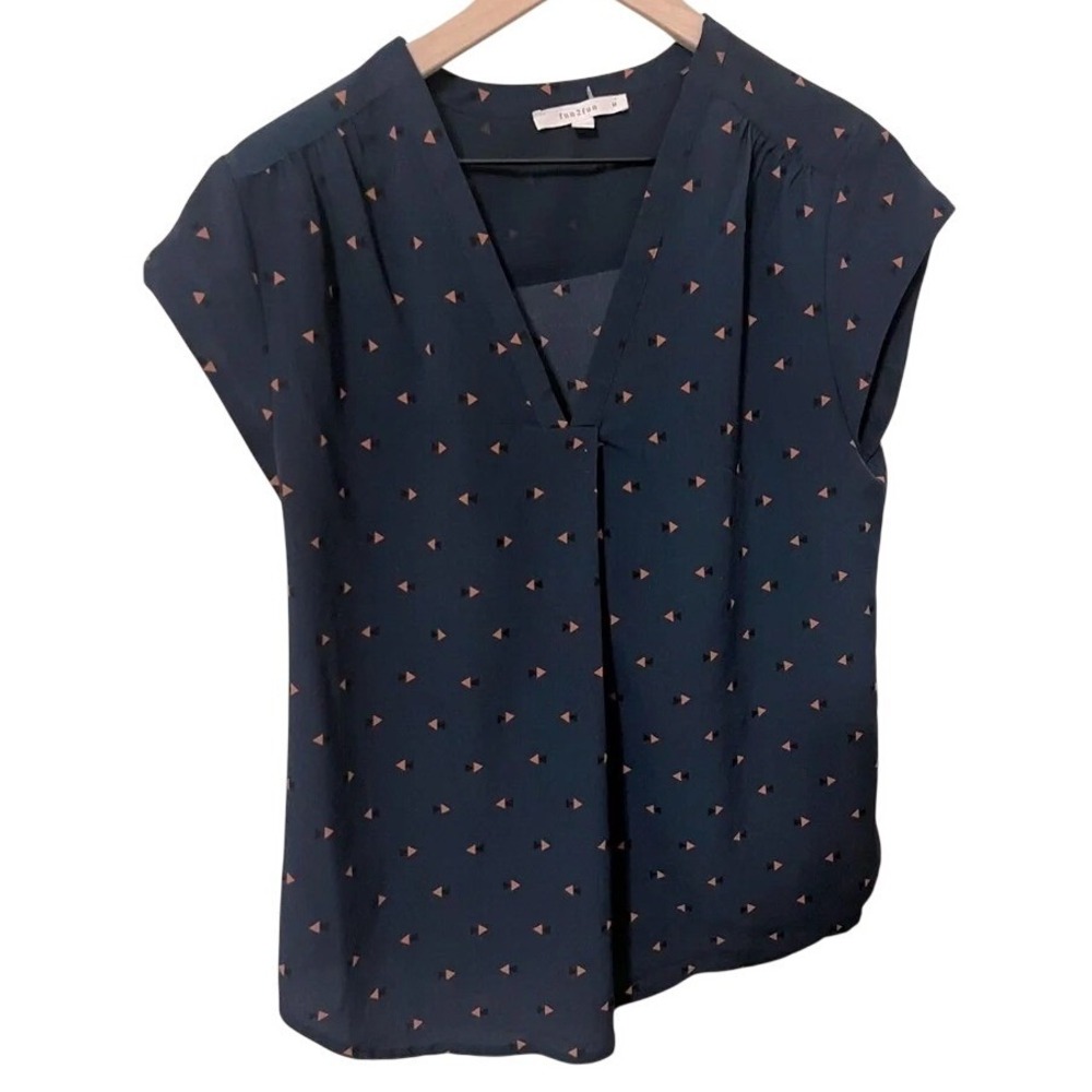 Fun2Fun Womens Navy Blue Geometric Triangle Print V-Neck Cap Sleeve Blouse Large